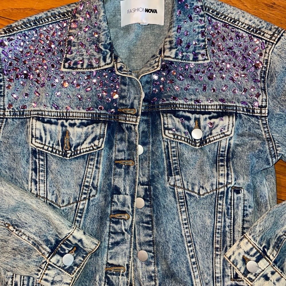 Fashion Nova Studded Denim Jacket with Purple Accents